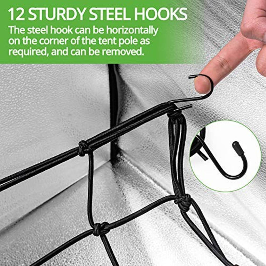 Black steel hook trellis netting attached to grow tent fabric corner