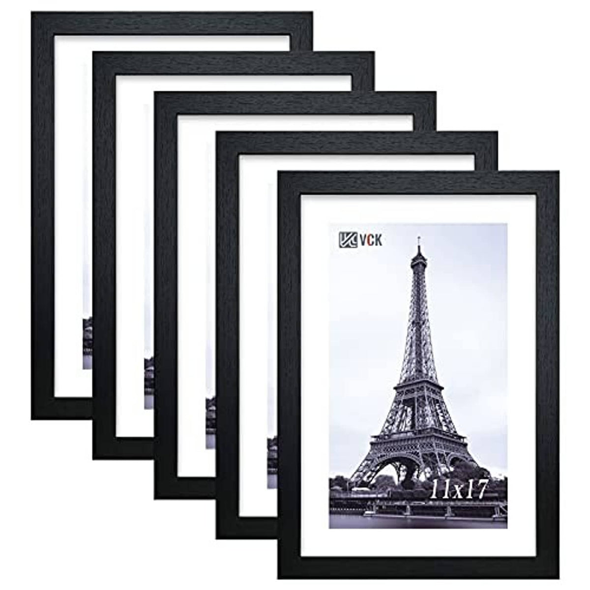 Set of 5 black poster frames with white mat, arranged front view