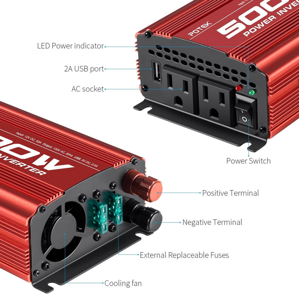 Red Potek 500W inverter with 2A USB port, AC socket, cooling fan, and DC terminals