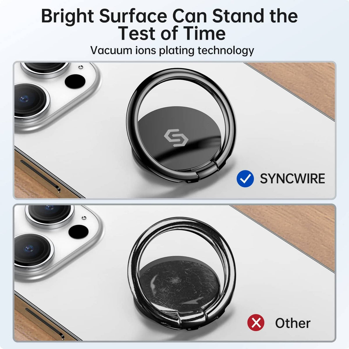 Black phone finger ring holder stand on smartphone back with ring facing up
