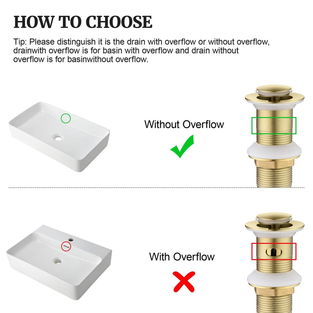 Brushed gold pop-up drain stopper for basins without overflow, push-to-seal design