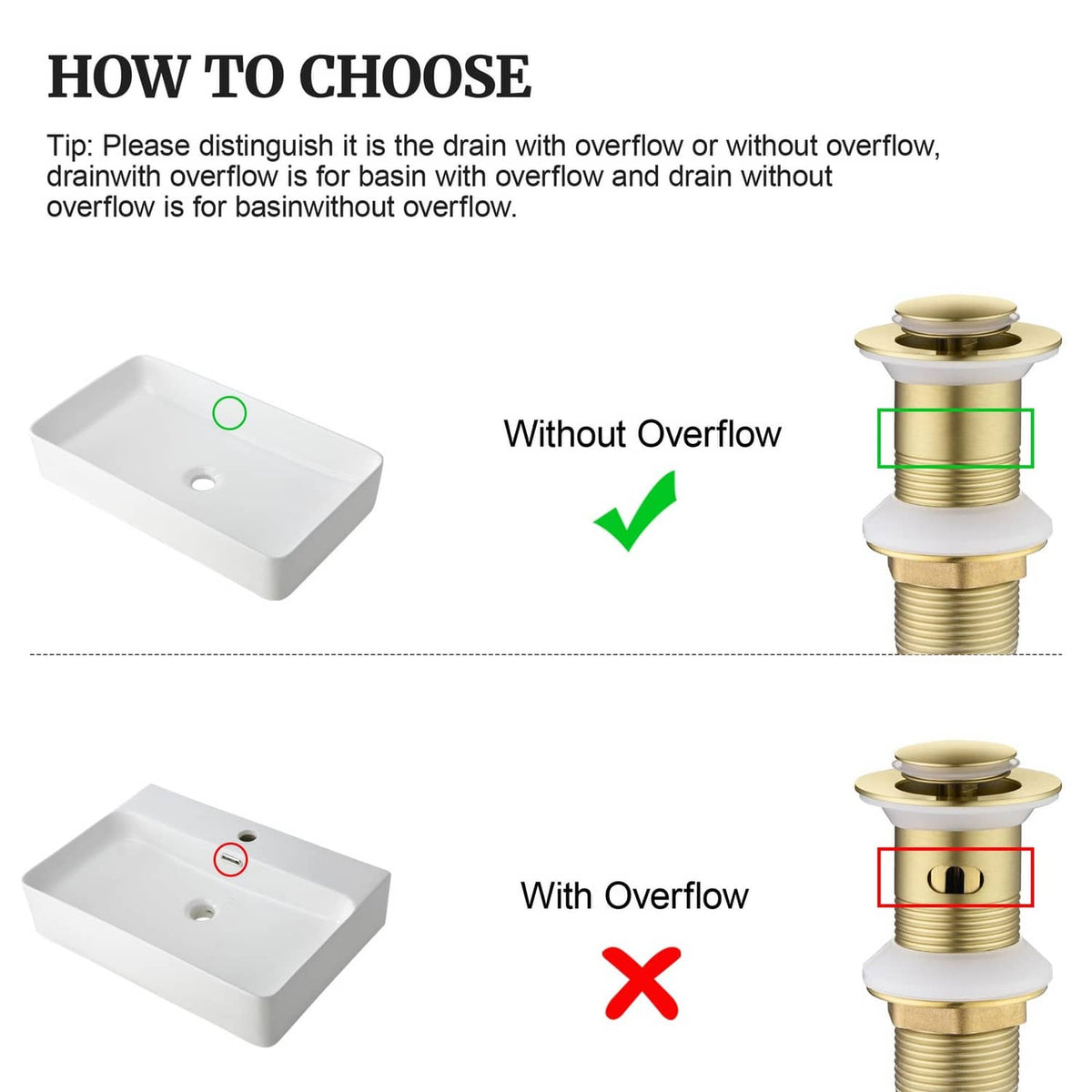 Brushed gold pop-up drain stopper for basins without overflow, push-to-seal design