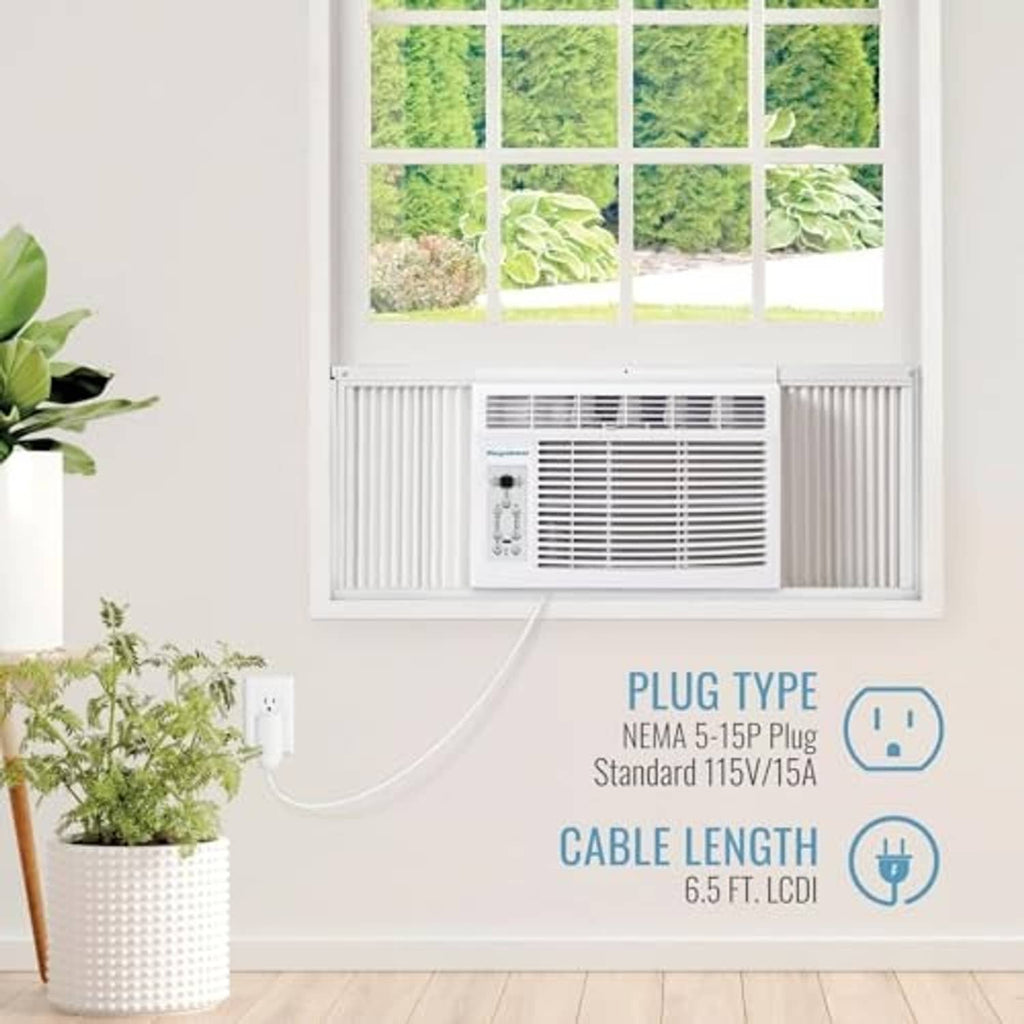 White window air conditioner with power cord plugged in at the outlet