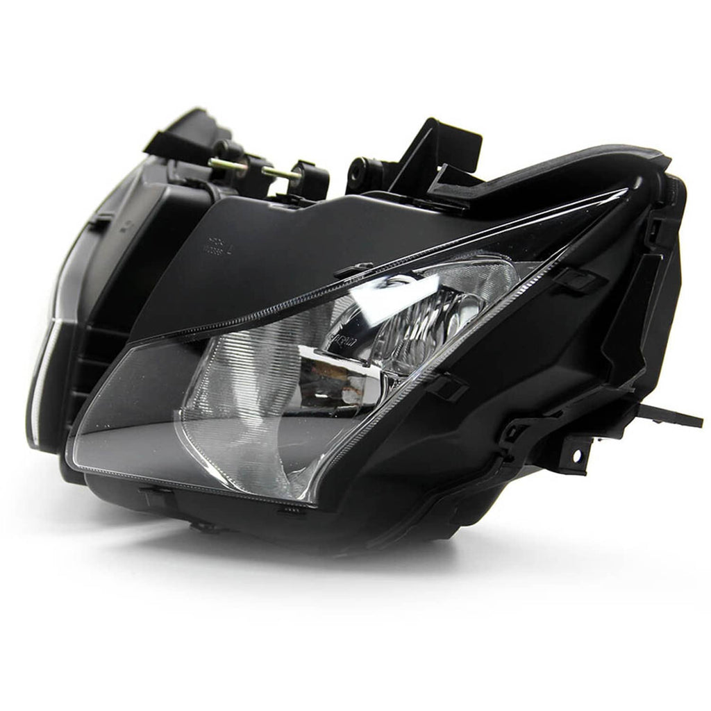 Single front headlight unit with black housing, clear lens, and mounting points.