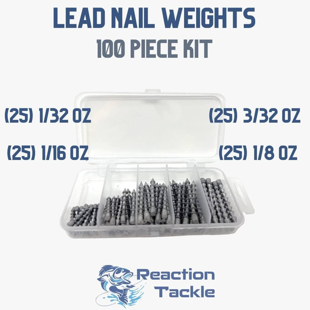 Open lead nail weights case showing gray pointed nails in divided compartments