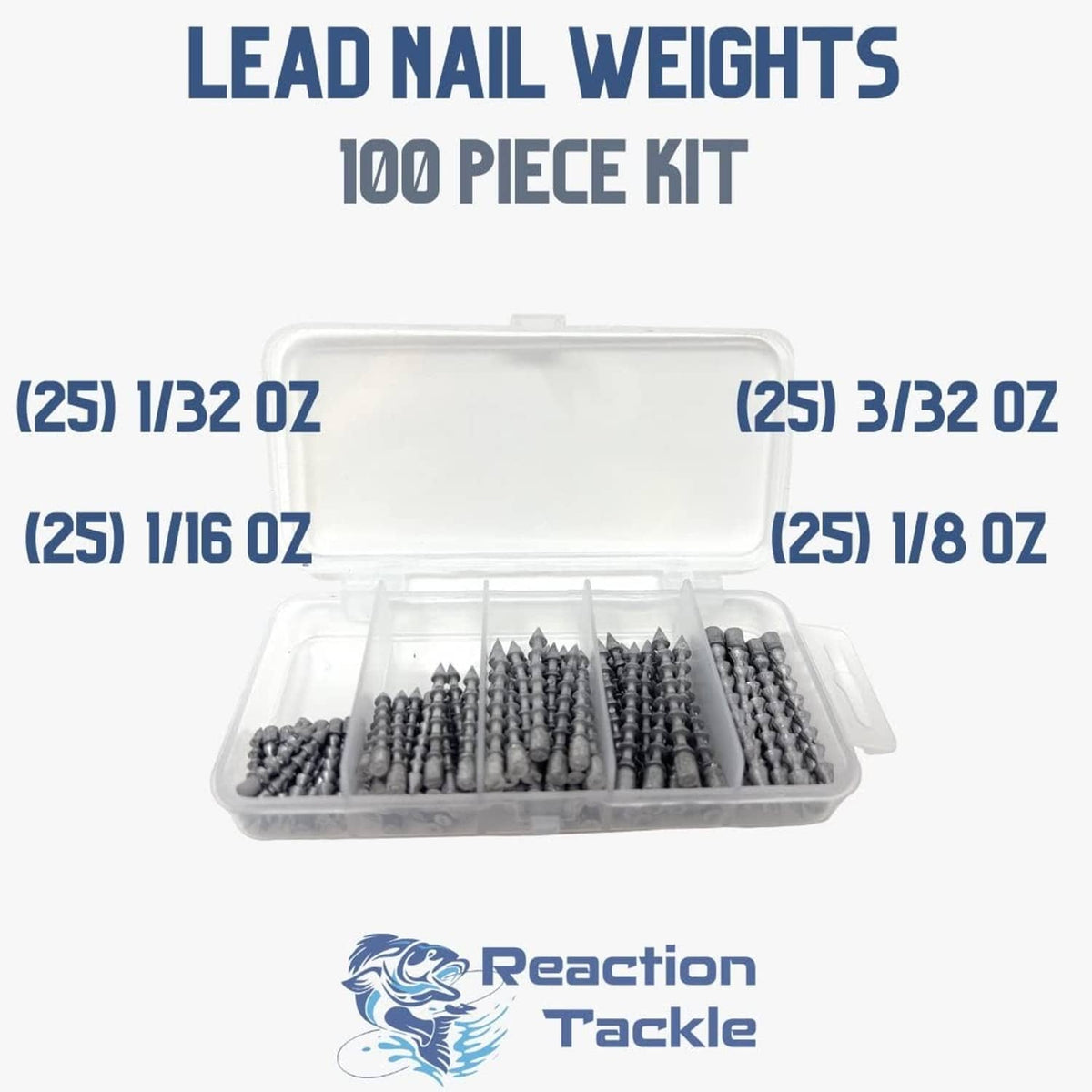 Open lead nail weights case showing gray pointed nails in divided compartments