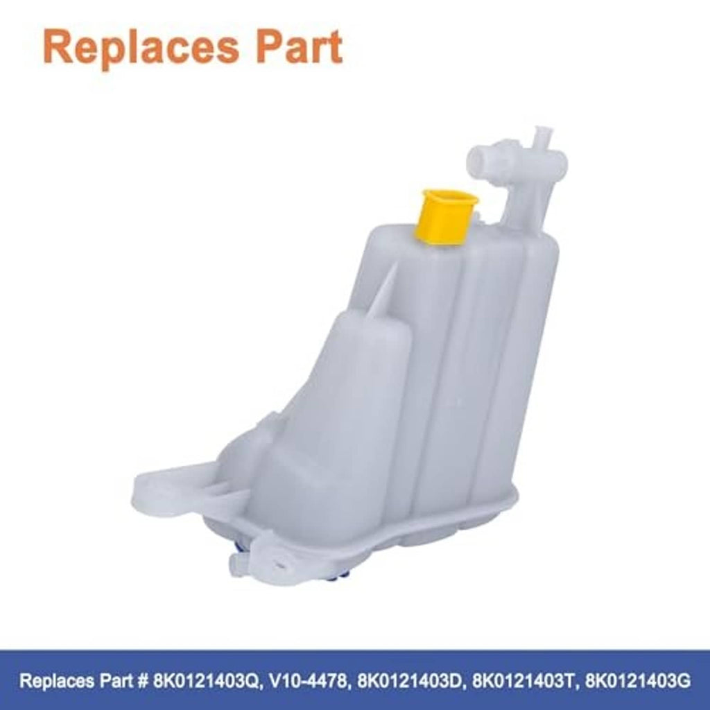 White coolant reservoir tank with blue fill cap and yellow dip/outlet connector, side view.