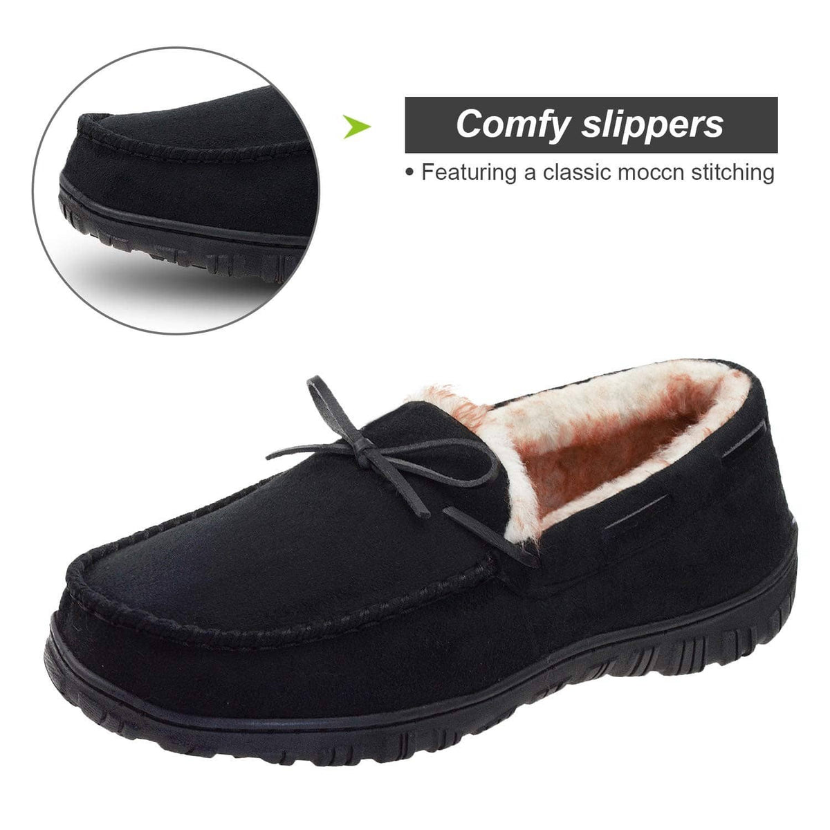 Men's black moccasin slippers with classic stitching and plush collar lining