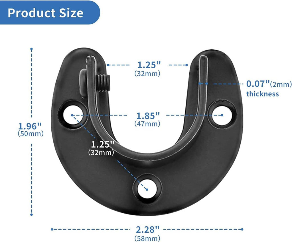 Black U-shaped closet rod bracket with mounting holes and rod-size dimensions