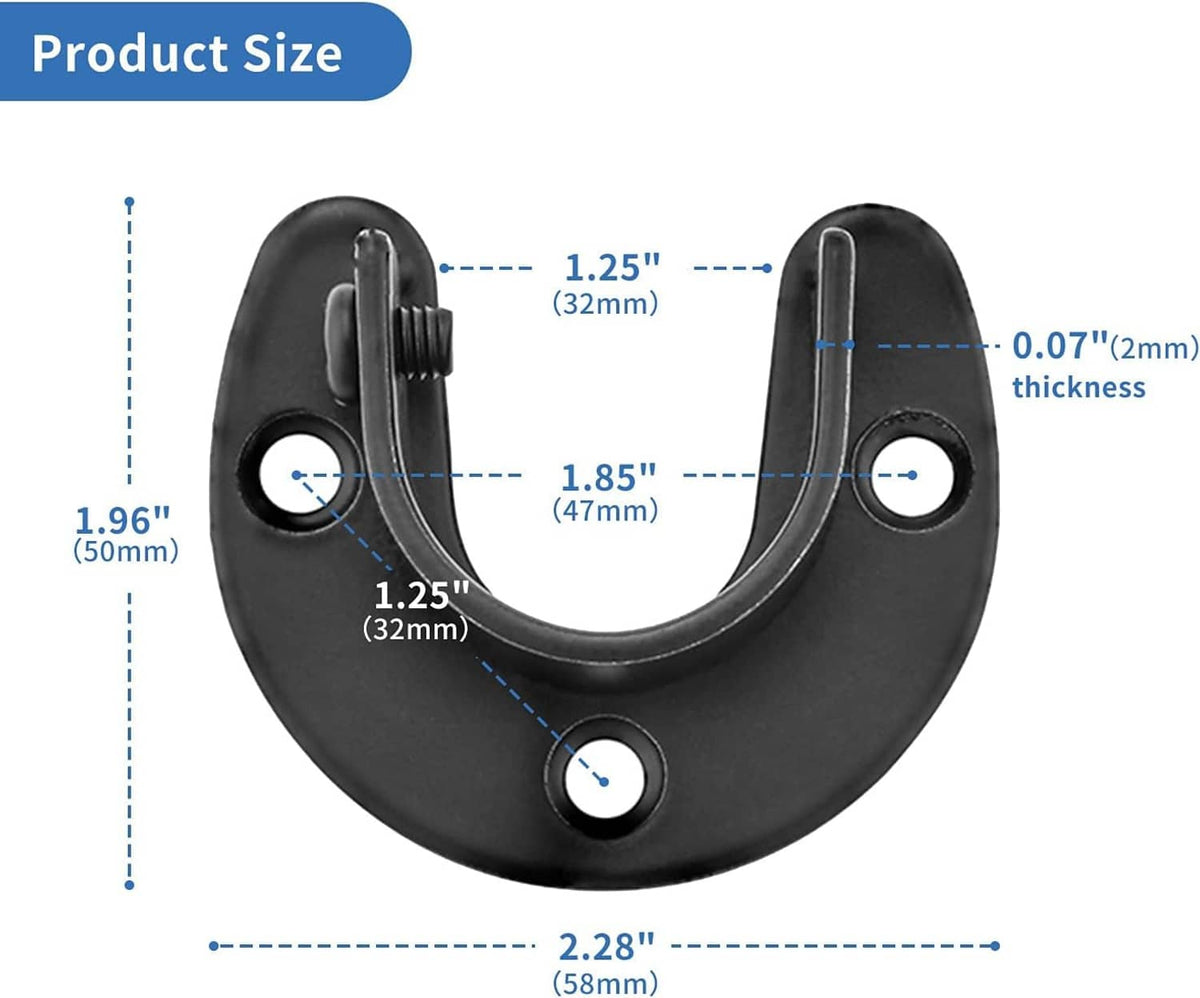 Black U-shaped closet rod bracket with mounting holes and rod-size dimensions