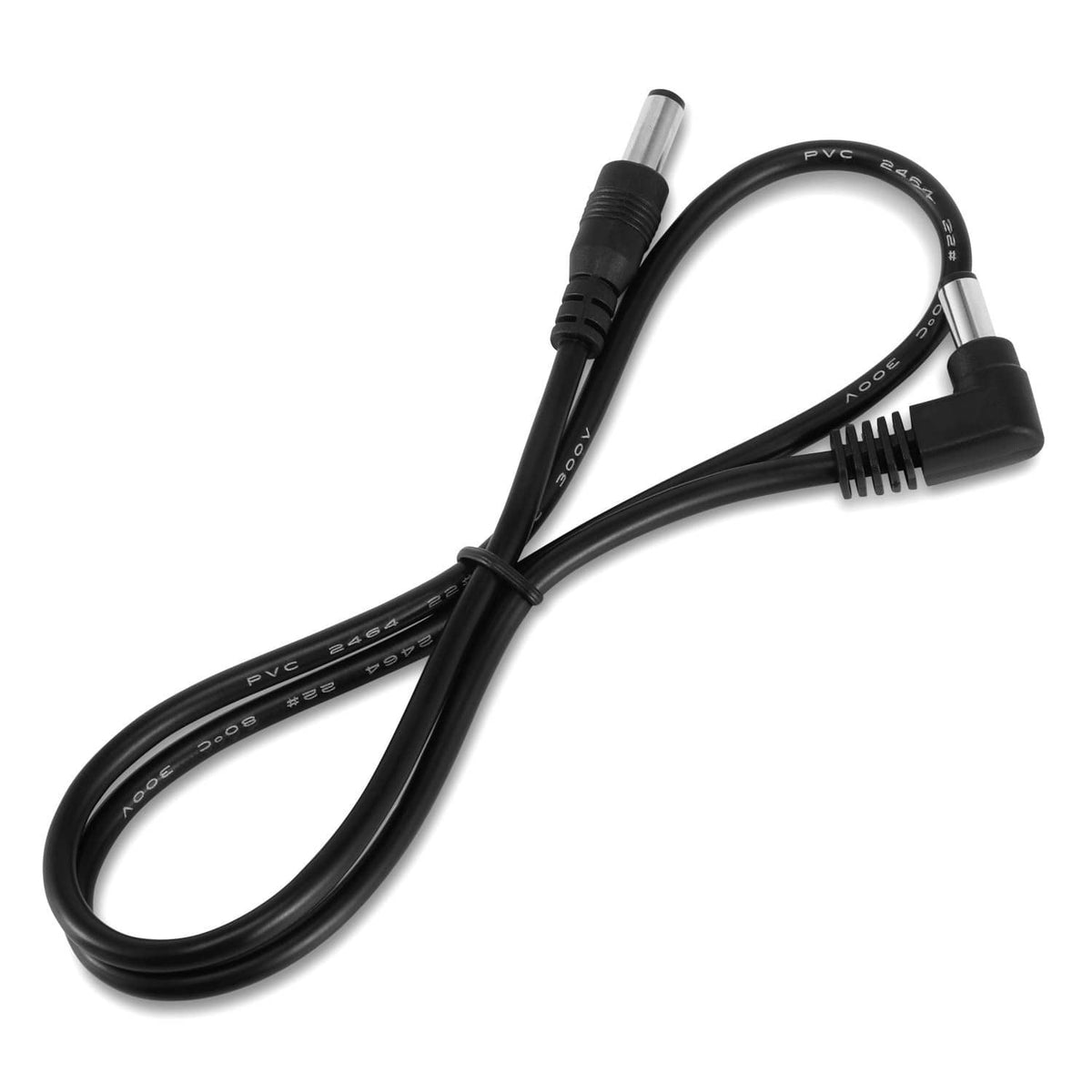 Black PVC guitar pedal DC power cable with two-prong connector and barrel plug