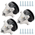 Deck spindle assembly set with black pulleys, silver housings, and mounting bolts
