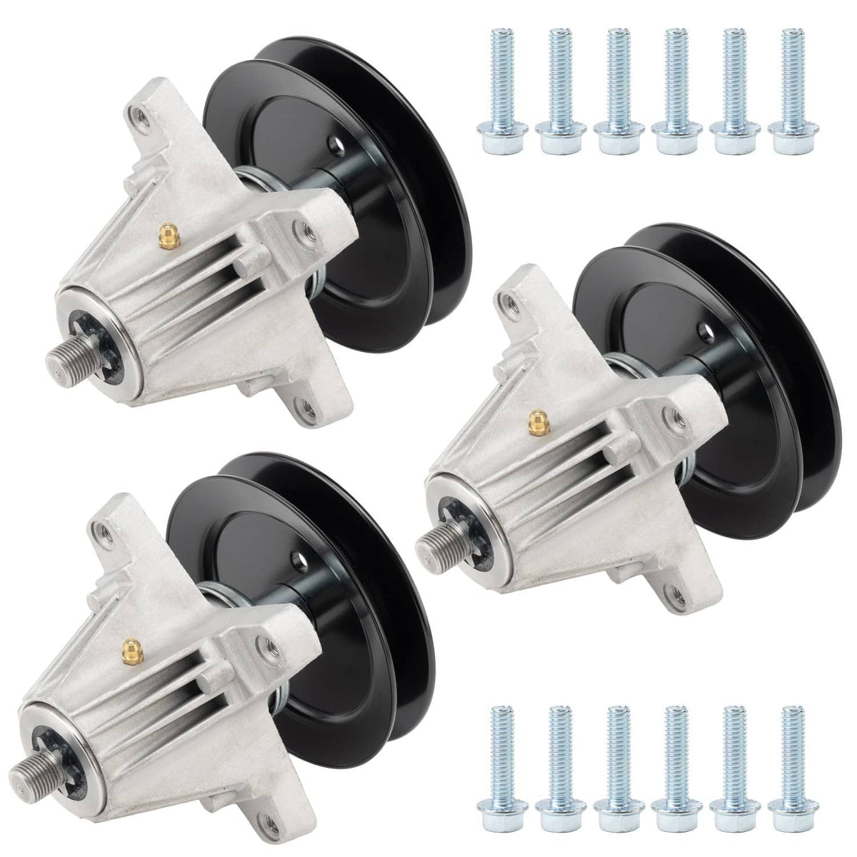 Deck spindle assembly set with black pulleys, silver housings, and mounting bolts