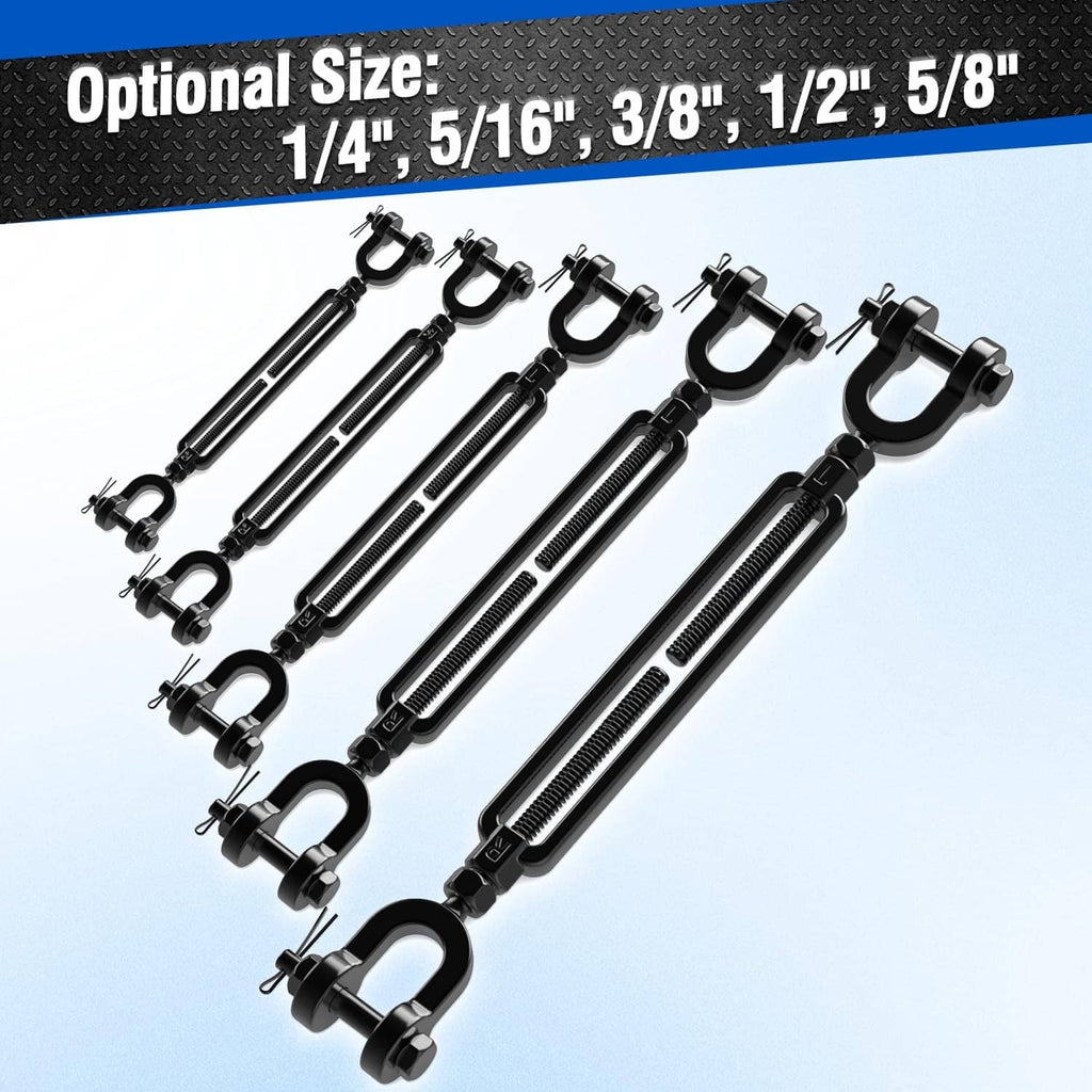 Assorted black turnbuckle sizes shown, each with jaw clamps and threaded tension rod