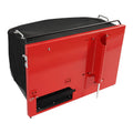 Red powder-coated catcher housing with black fabric bag and side latch opening