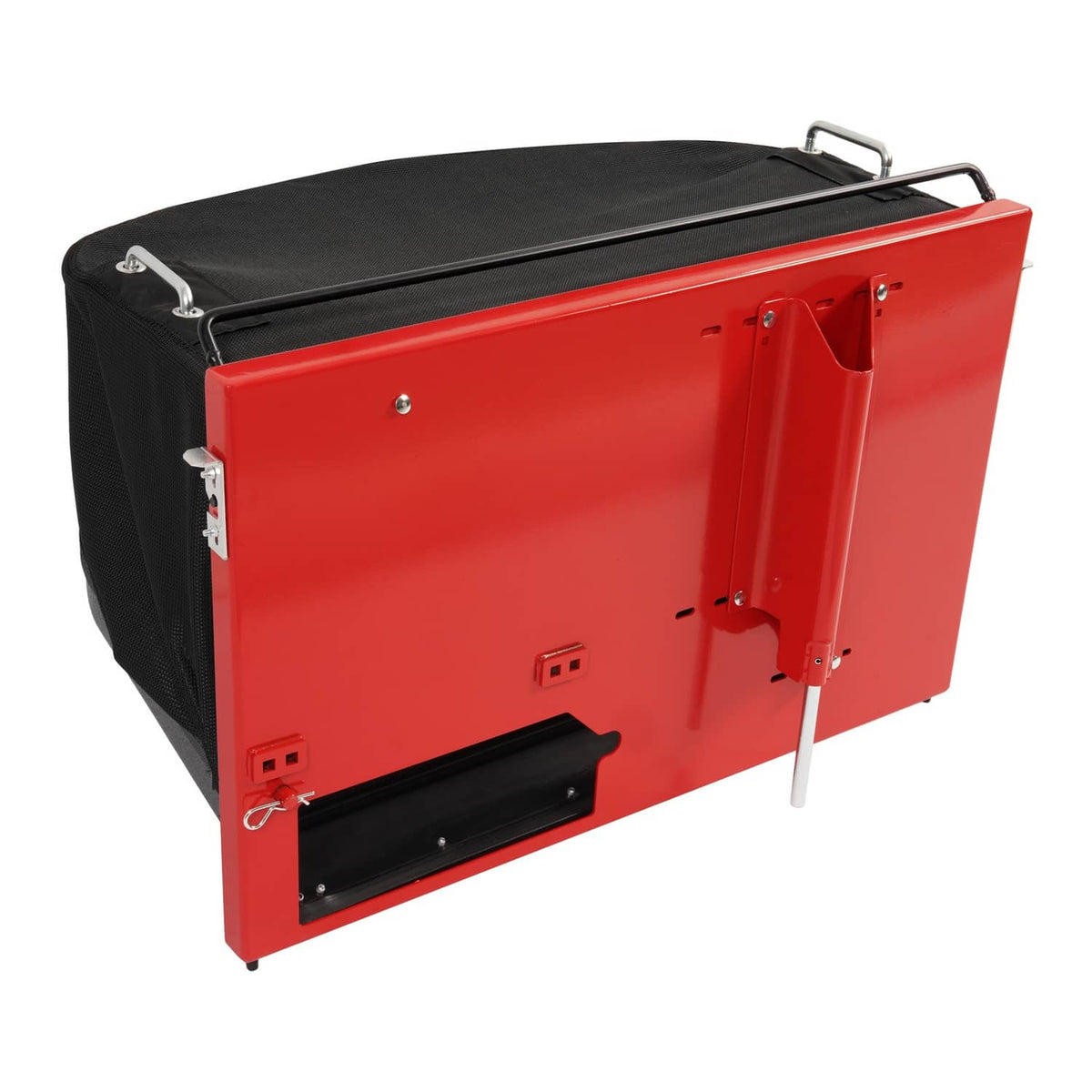 Red powder-coated catcher housing with black fabric bag and side latch opening