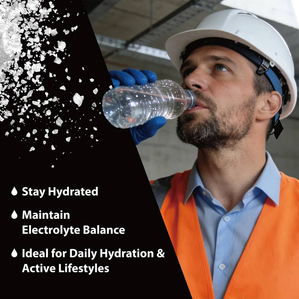 Electrolyte hydration benefits text with person drinking water: stay hydrated, balance
