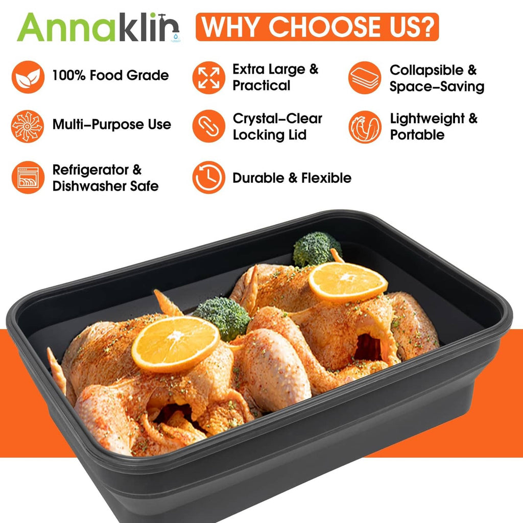 Extra-large collapsible silicone prep tub, black with locking rim and chicken inside