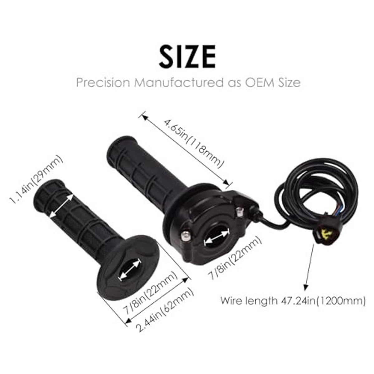 Black throttle handlebar grips with controller housing and wire harness