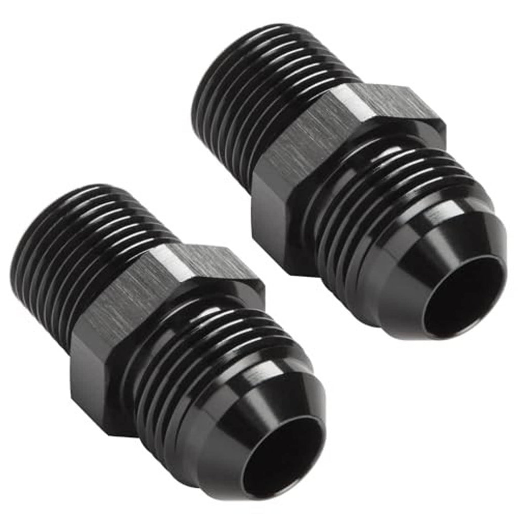 Two black straight AN flare to 3/8 NPT male fittings, silver hex ends, ribbed threads