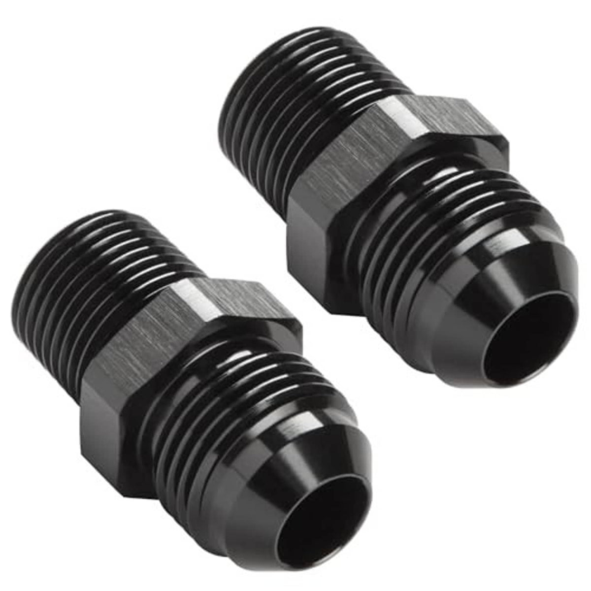 Two black straight AN flare to 3/8 NPT male fittings, silver hex ends, ribbed threads