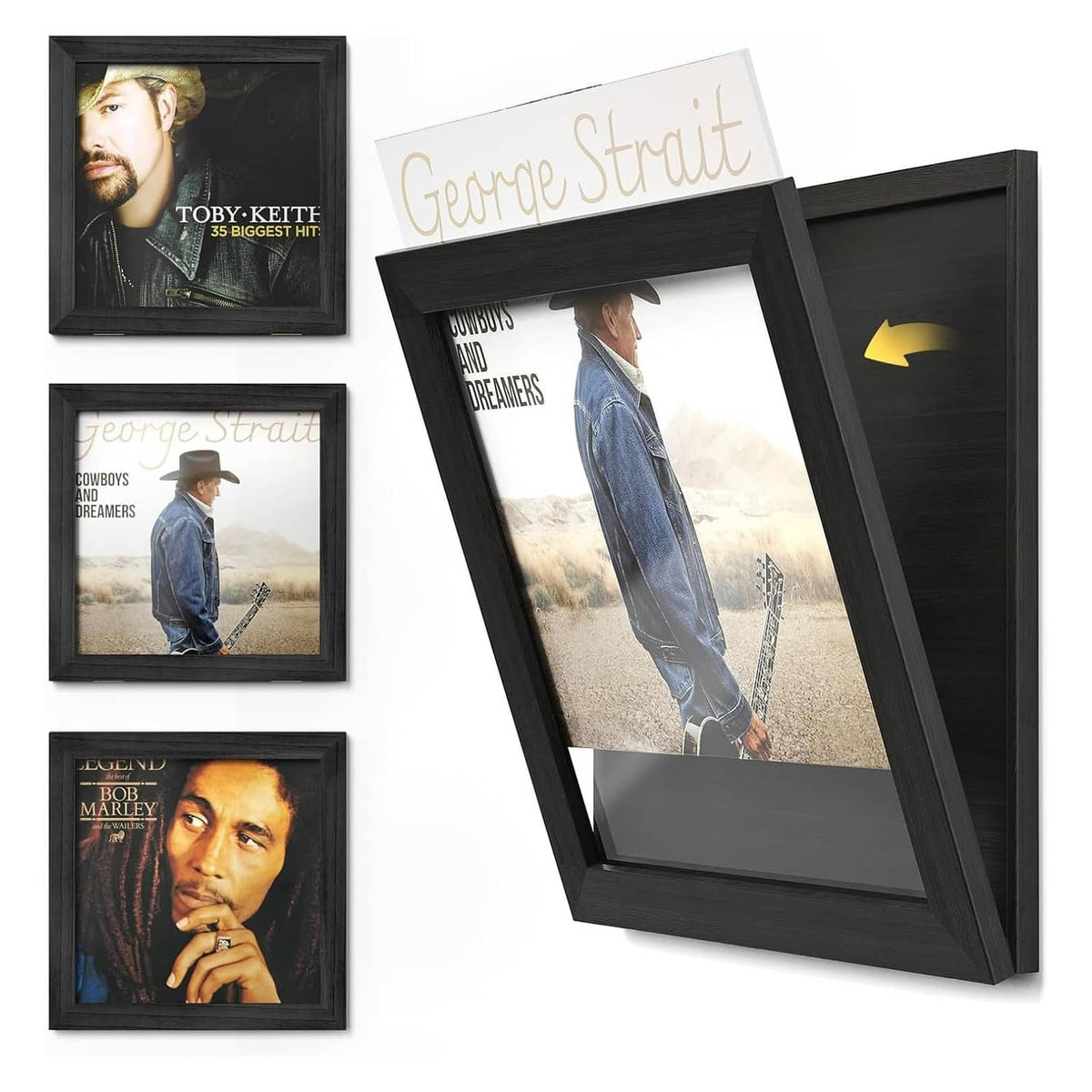 Set of 3 black vinyl record picture frames for 12x12 album cover display