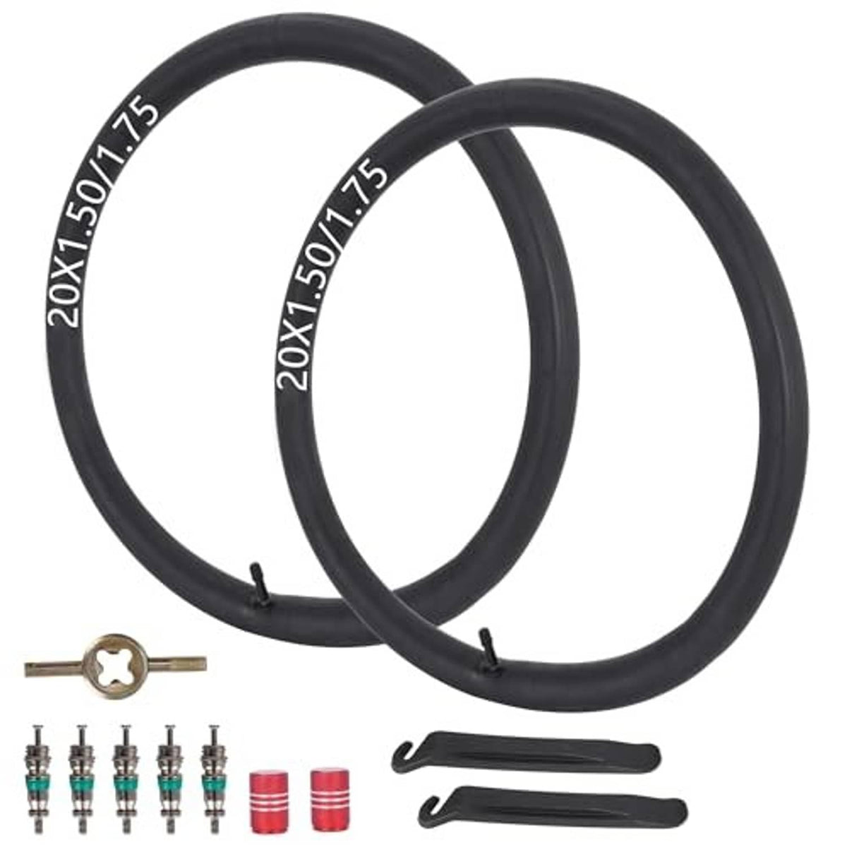 Pair of black 20-inch bicycle inner tubes with Schrader valve, levers, and valve caps