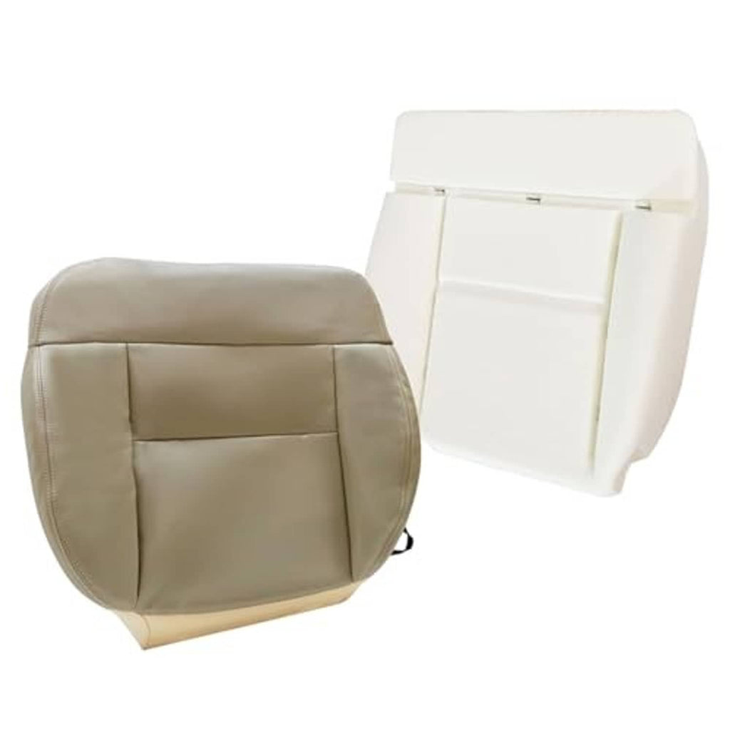 Tan and beige front seat bottom cover with foam cushion, contoured upholstered shape
