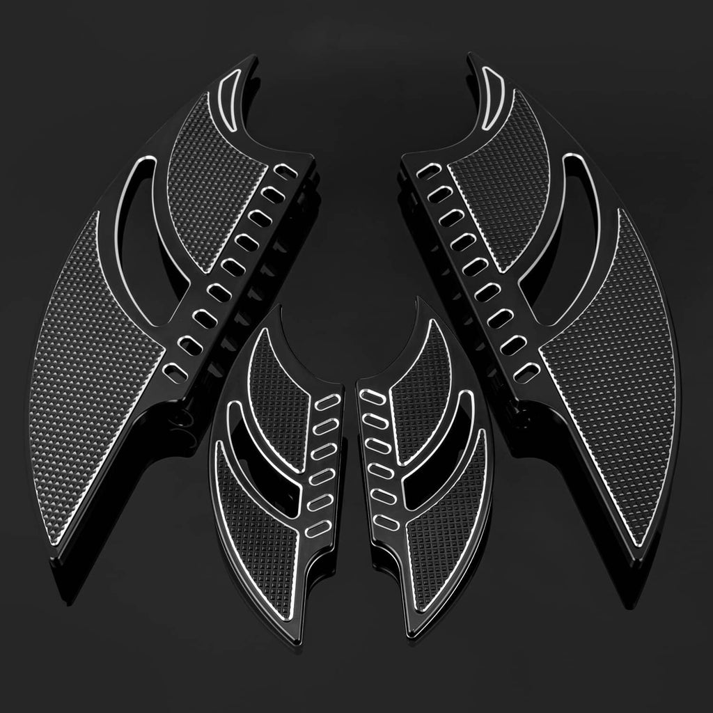 Black textured motorcycle driver and passenger floorboards with silver inset trim and slots
