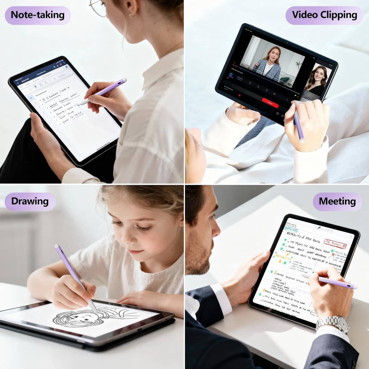Purple and white stylus pen used for notes, drawing, and video clipping