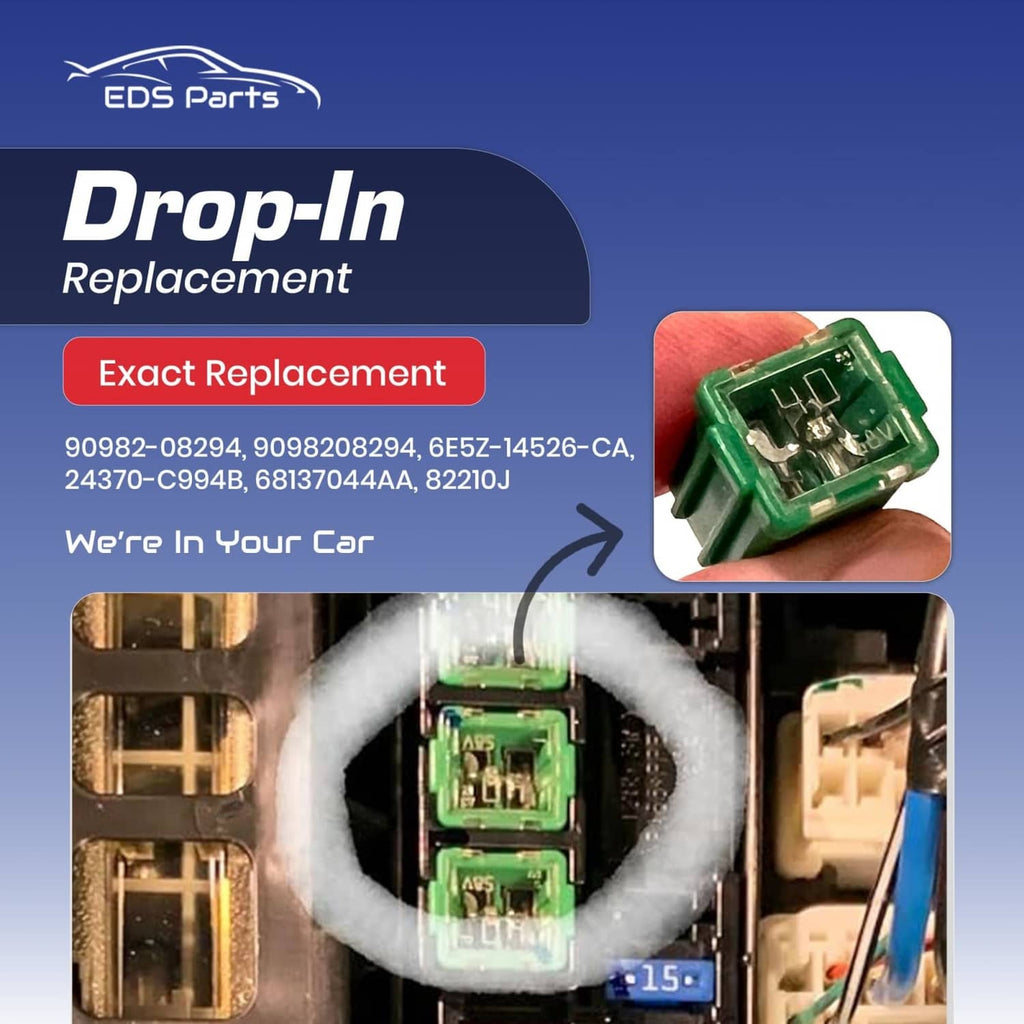 Green mini J-case fuse drop-in replacement graphic with visible terminals