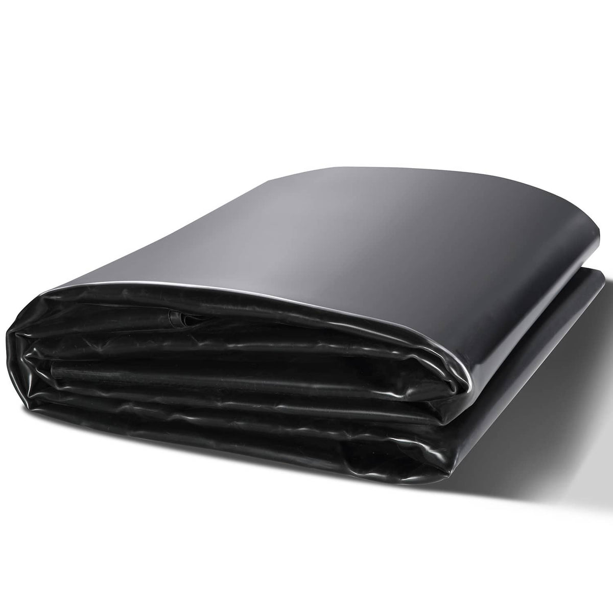 Black EPDM pond liner sheet, folded into a compact bundle for easy handling
