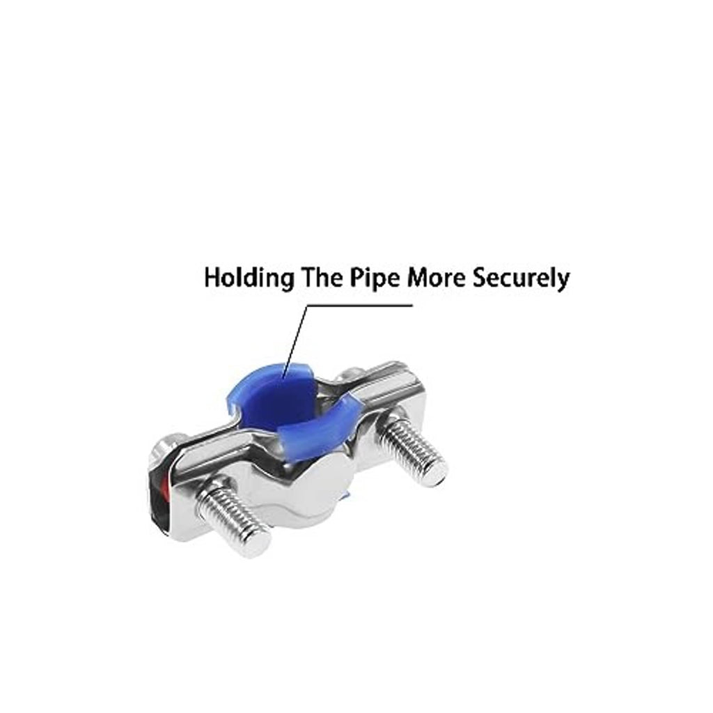Stainless steel pipe clamp with blue silicone cushion and two threaded mounting screws
