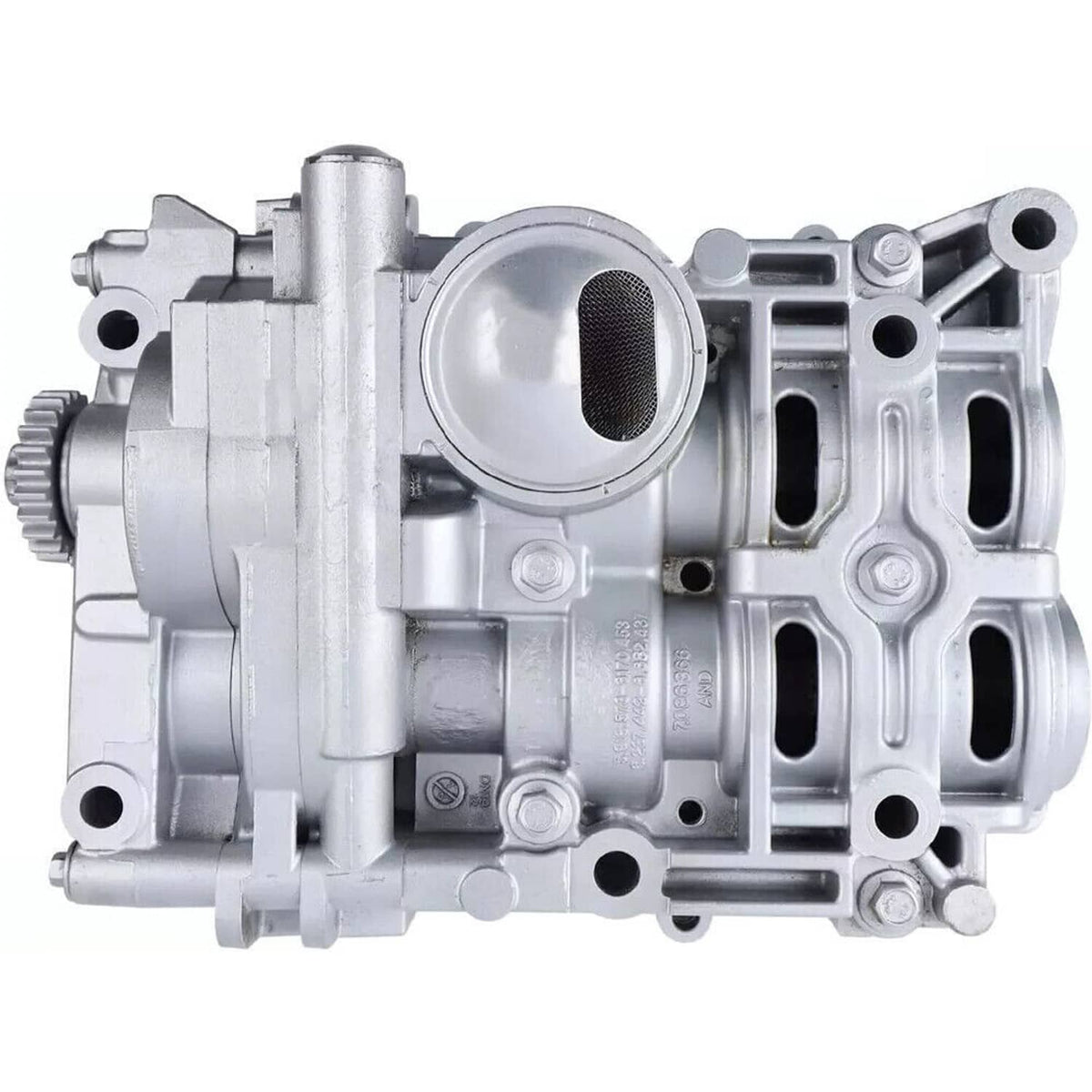 Shaft balance oil pump assembly, close-up of round inlet opening and side mounting brackets