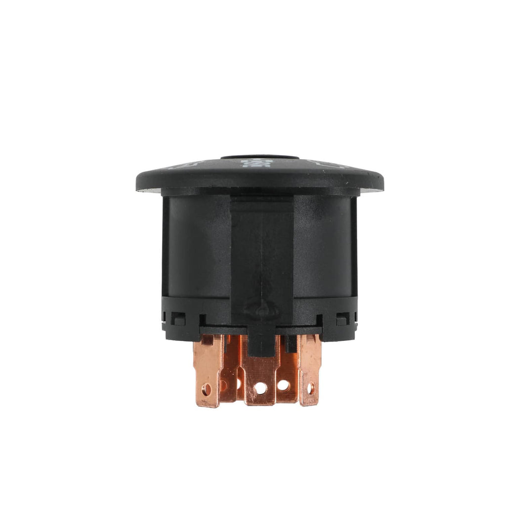 Ignition switch starter with black cap and four copper terminal blades on bottom
