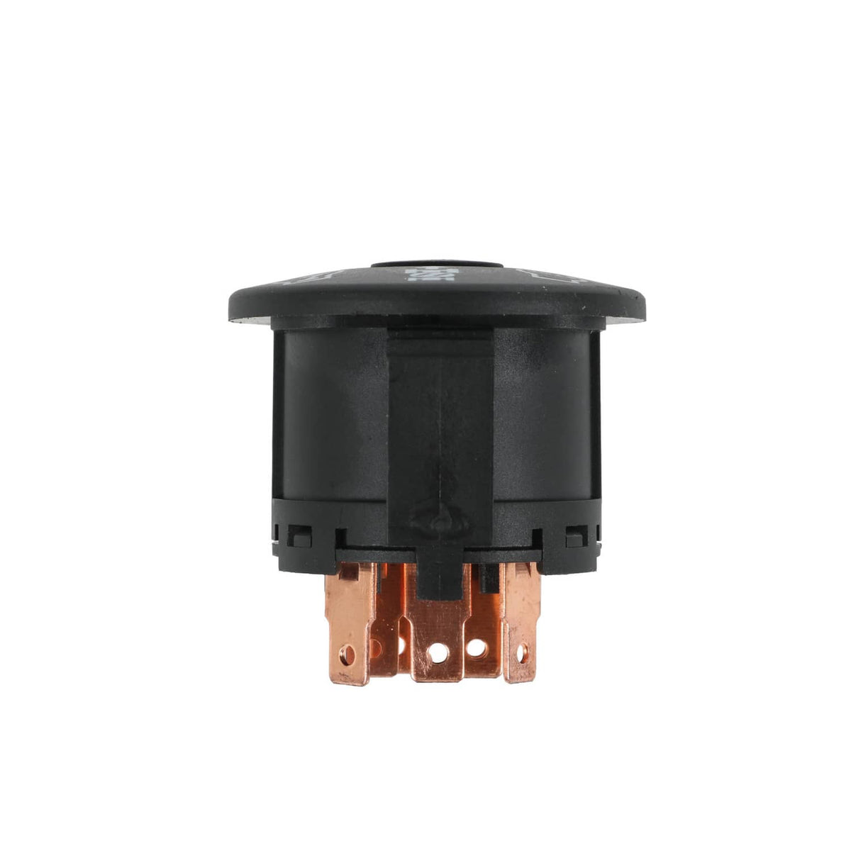 Ignition switch starter with black cap and four copper terminal blades on bottom