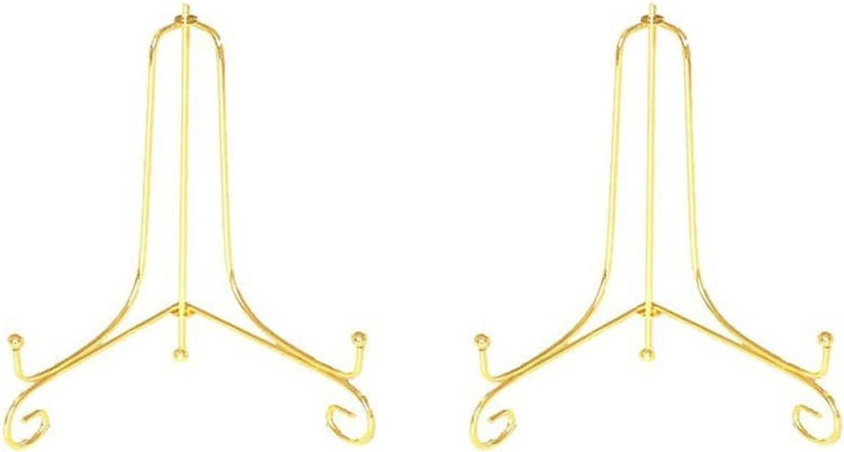 Gold metal decorative plate stand with open arch frame and three feet