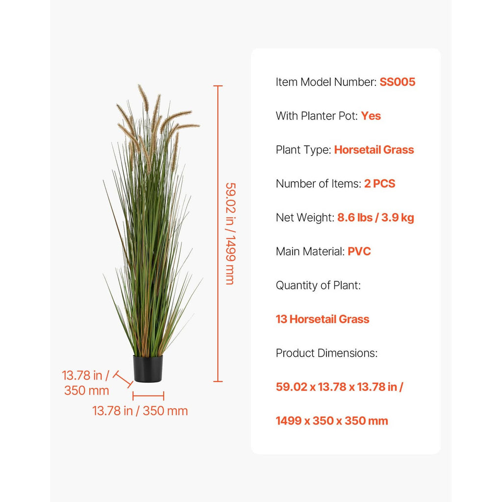 Artificial horsetail grass in black pot with green blades and tan feathery plumes