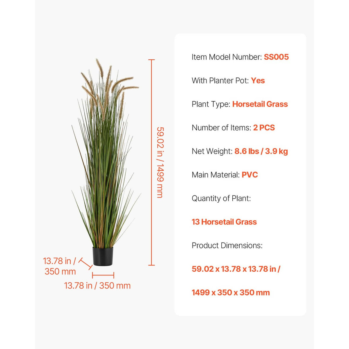 Artificial horsetail grass in black pot with green blades and tan feathery plumes