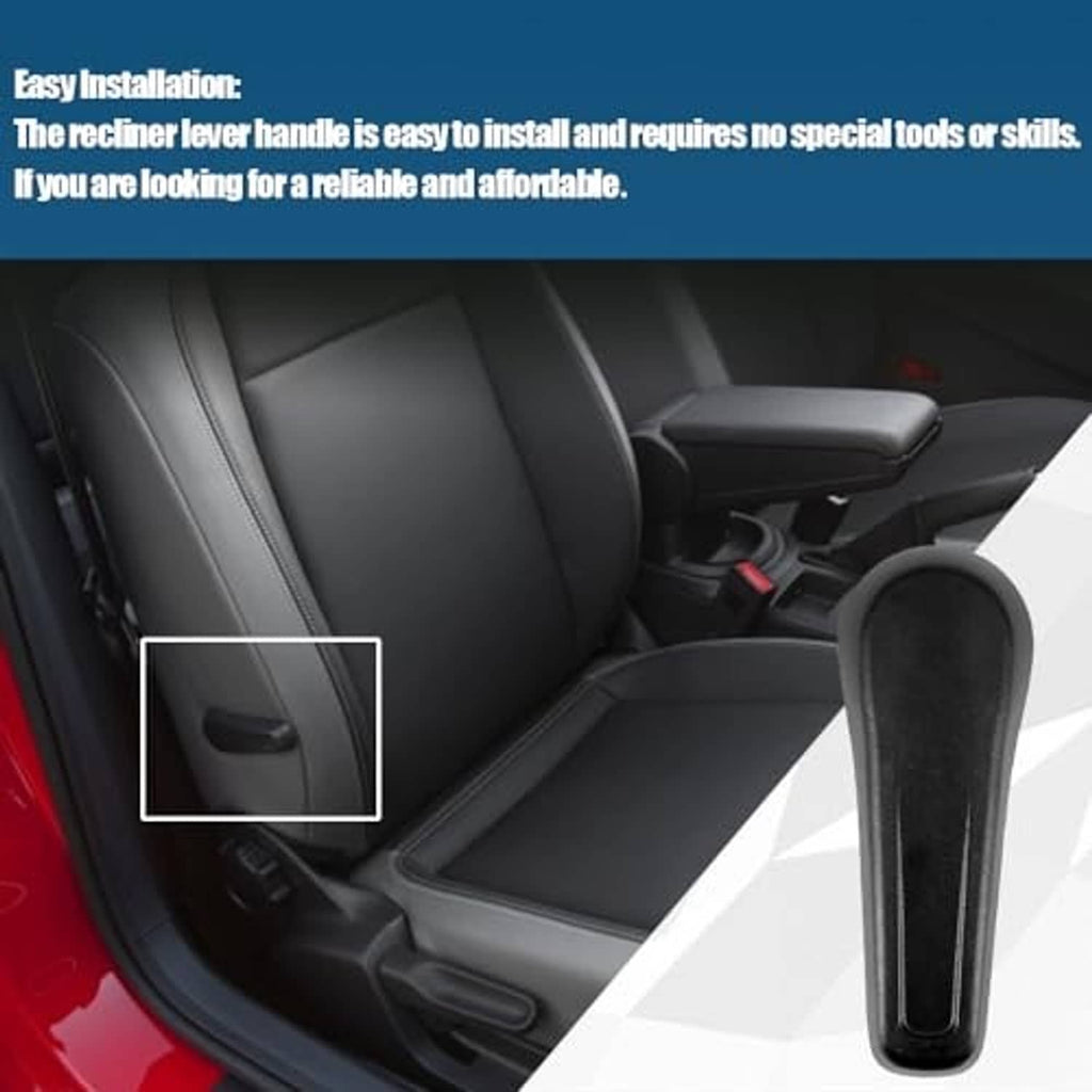 Black recliner lever handle in car interior, upright oval grip