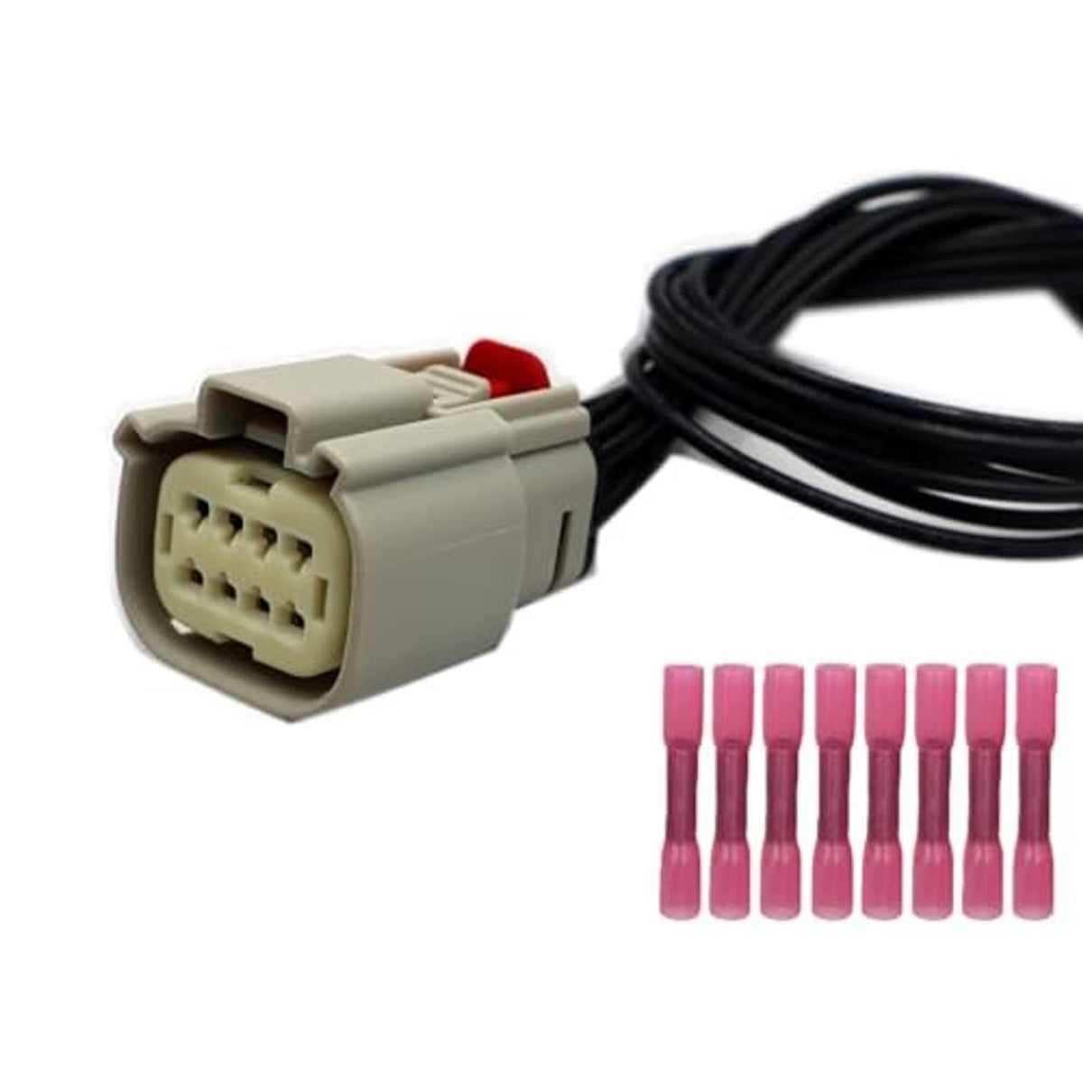 Headlight wiring connector with gray plug and black cable; pink terminal pins