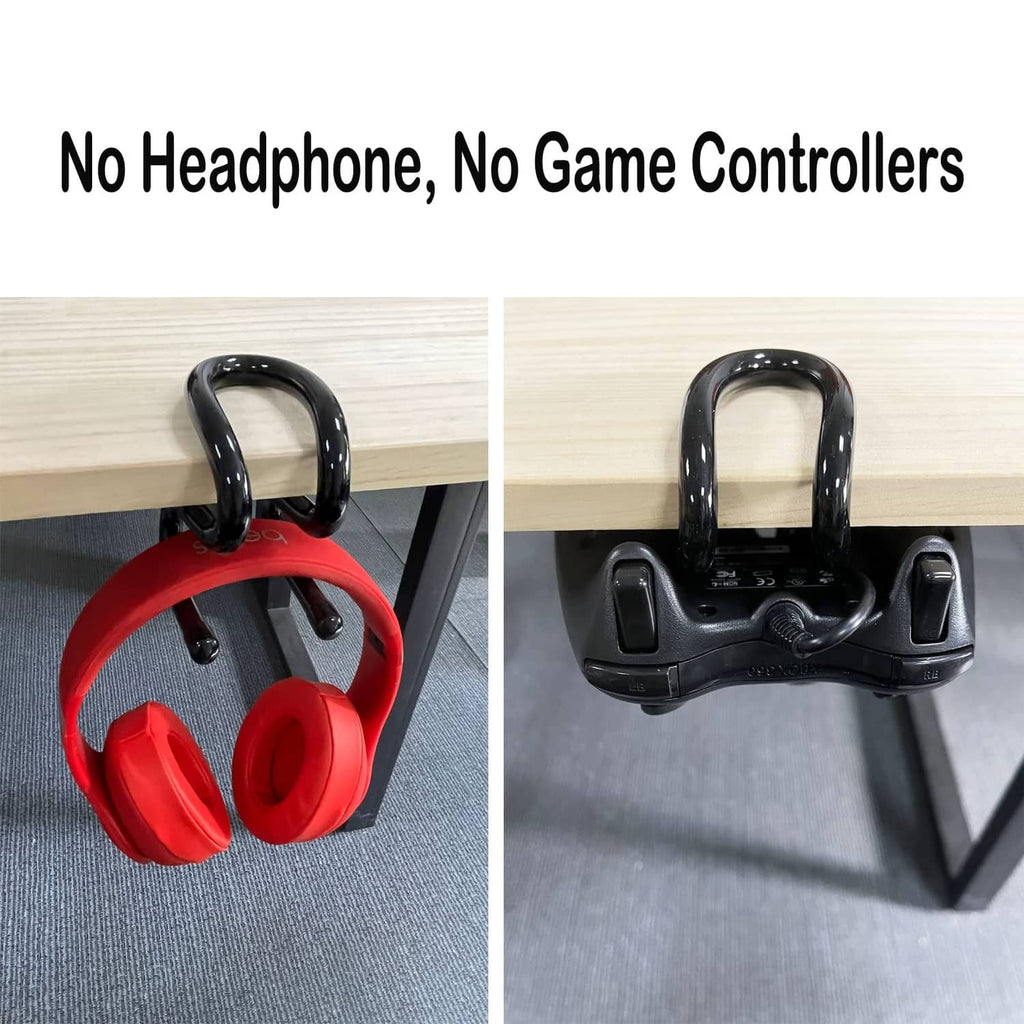 Black clamp-on bag hook holding red and black headphones under a shelf