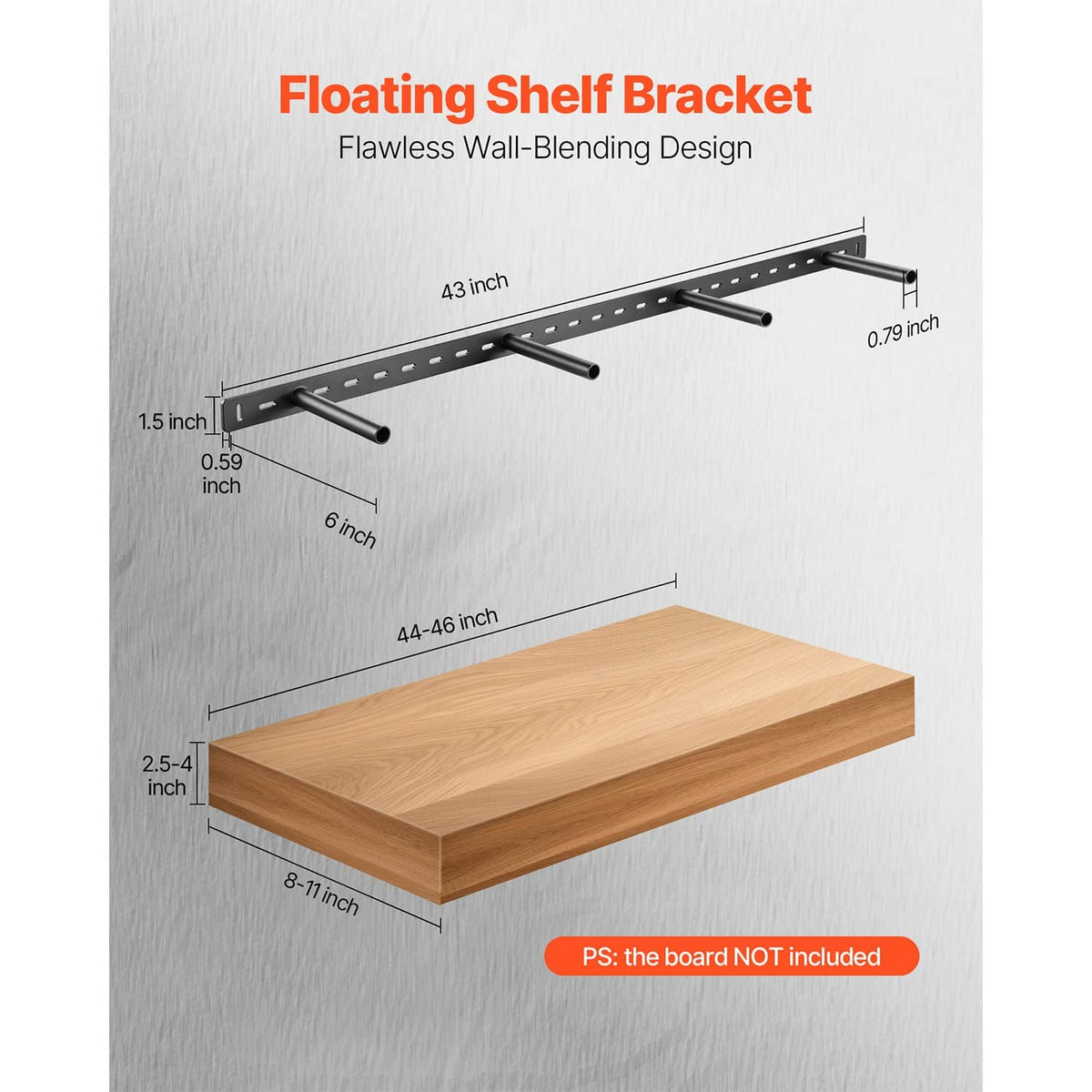 Floating shelf bracket shown with dimensions and slotted mounting rail, black steel