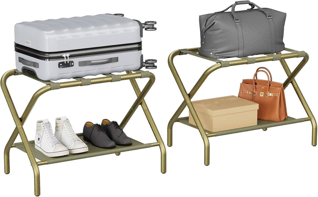 Set of foldable luggage racks with gold frames and fabric shelves holding suitcases and bags.