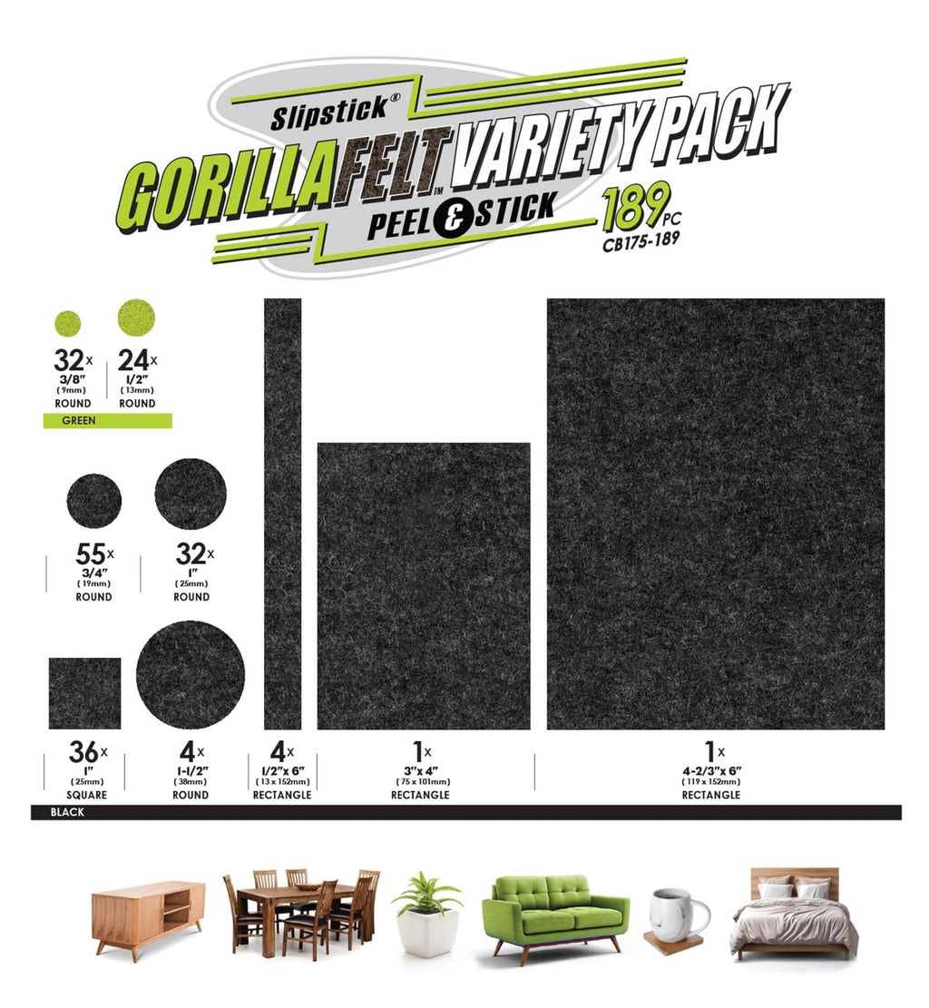 GorillaFelt variety pack felt pads, black peel-and-stick in round and rectangle shapes