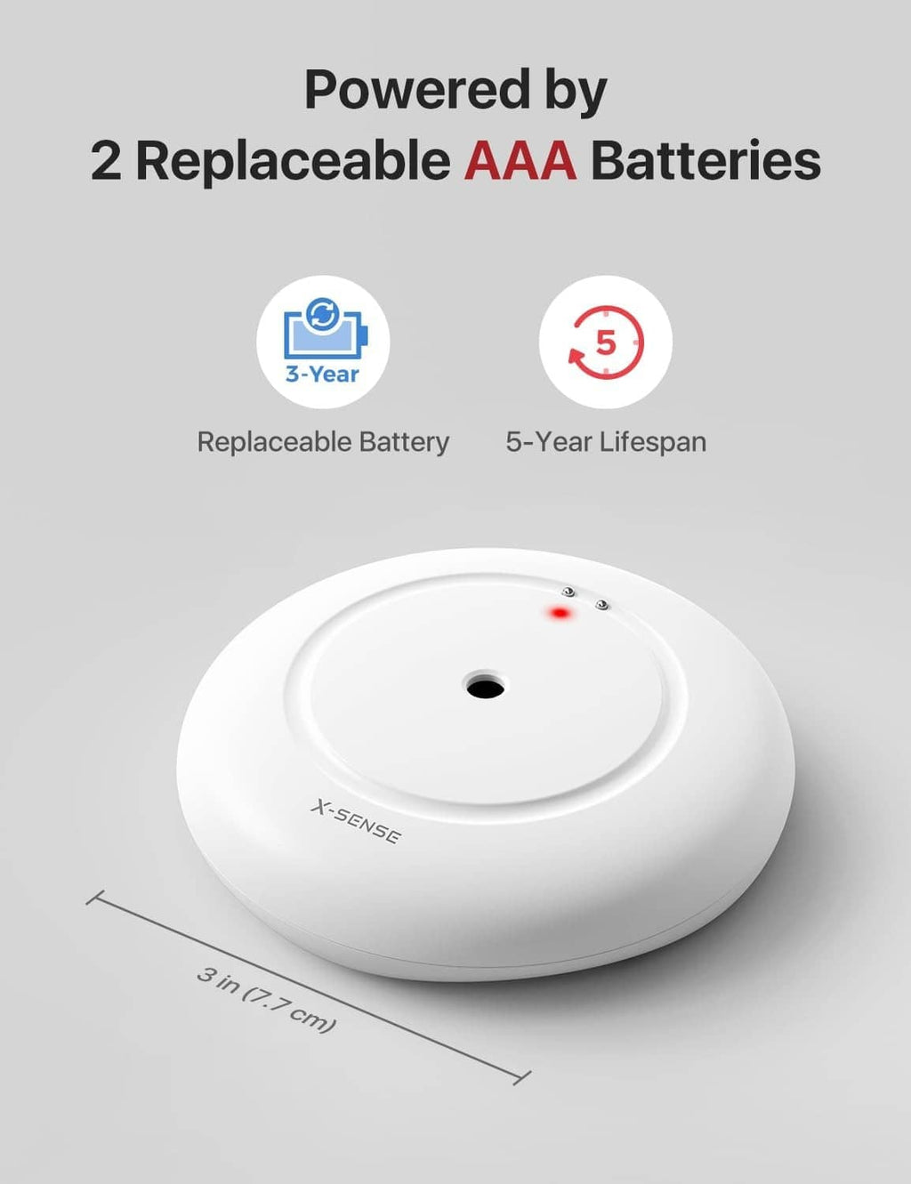 White X-Sense water leak detector puck with red status LED on round front