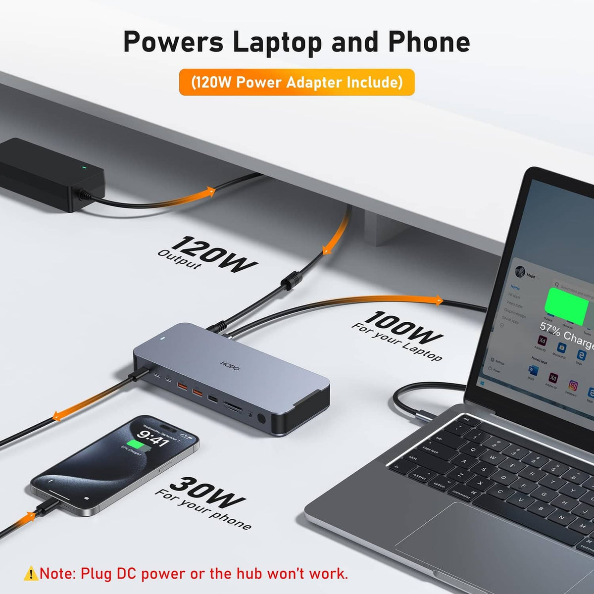 Gray docking station powering a laptop and phone with built-in 120W output adapter.
