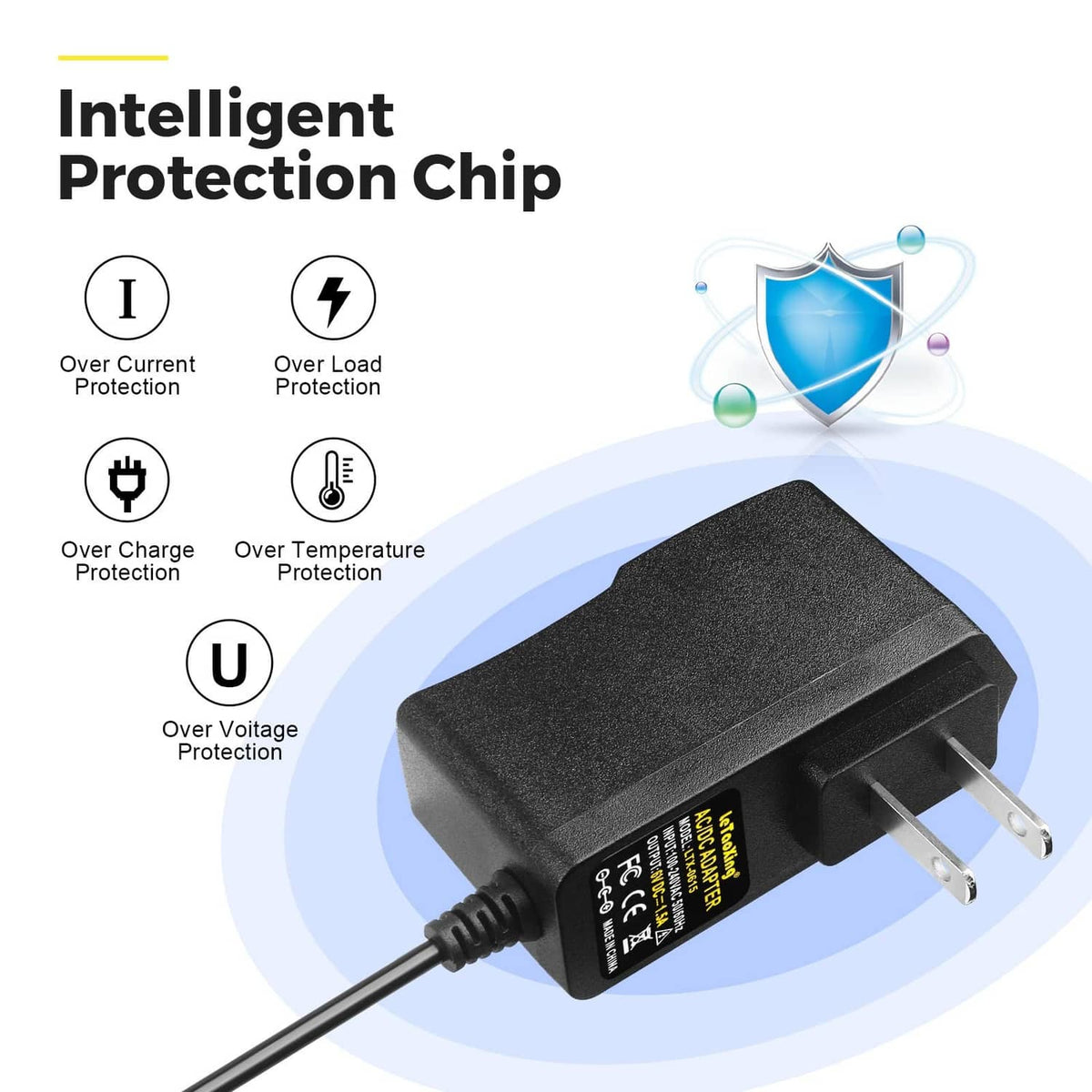 Black AC adapter with protection chip graphic showing multiple over-voltage safeguards