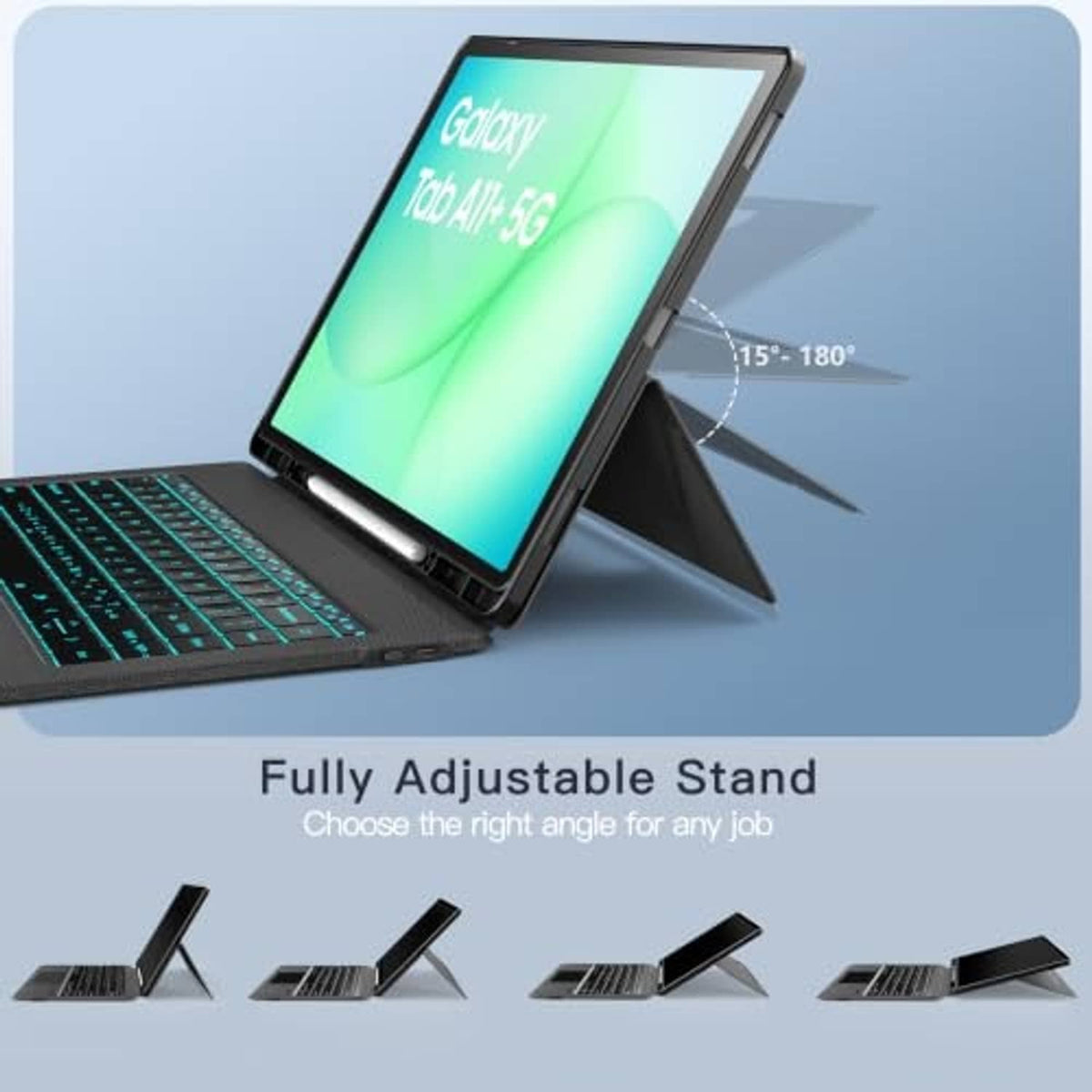 Space black tablet keyboard case with fully adjustable stand angle
