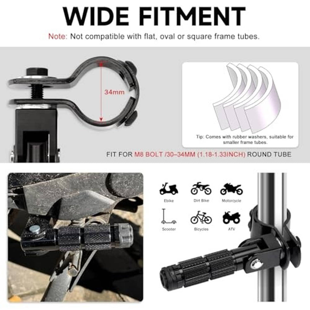 Black foldable foot peg set with textured grips and metal mounting plate